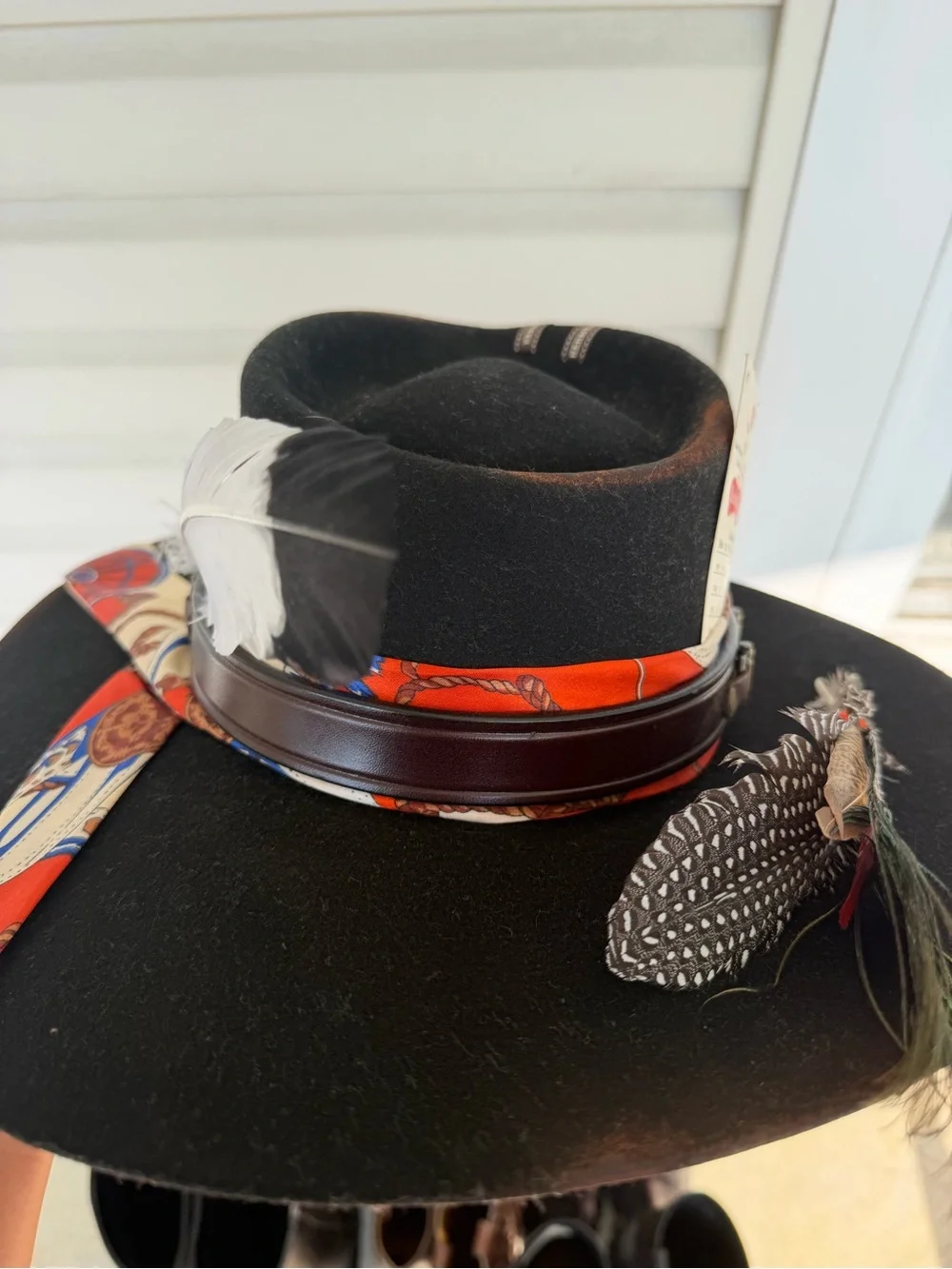 Custom Black Hermes Felt Fedora with Multicolor Scarf Band and Feather